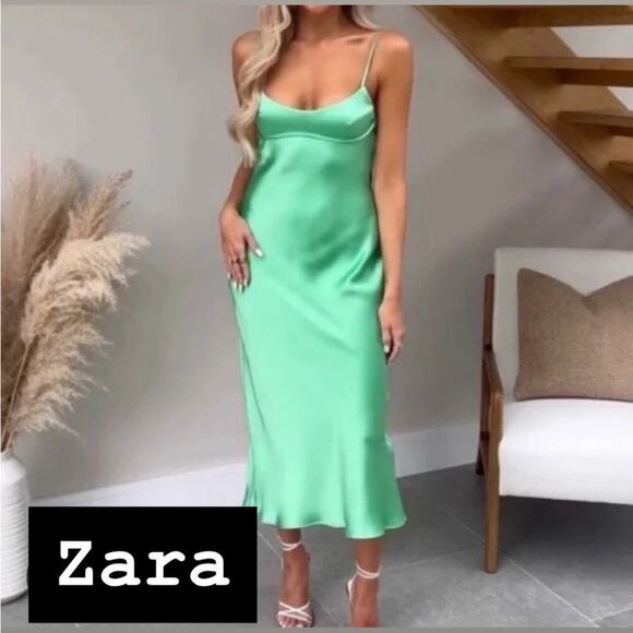 Zara Elegant Green Satin Slip Dress NWOT Size XXL - Picture 1 of 10